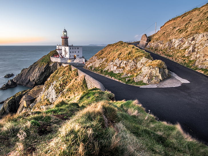-baily-lighthouse, cliffs, coast, dublin, ireland, road, rocks, HD wallpaper