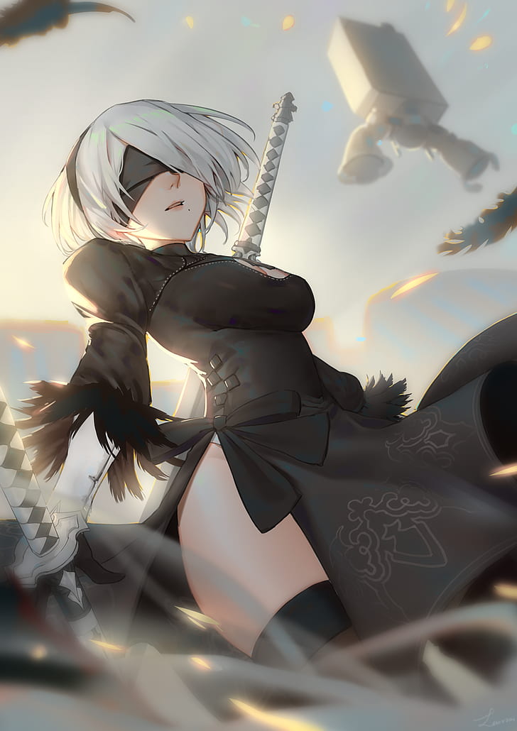 2732x2048px | free download | HD wallpaper: blindfold, black dress, 2B  (Nier: Automata), cleavage, thigh-highs | Wallpaper Flare