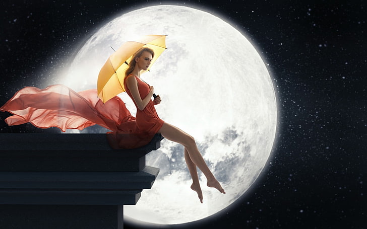 women, blonde, umbrella, legs, photo manipulation, Moon, night