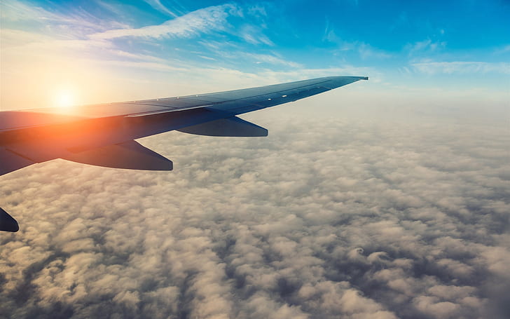 Passenger airplane, aircraft wing, sun, sky, clouds, HD wallpaper