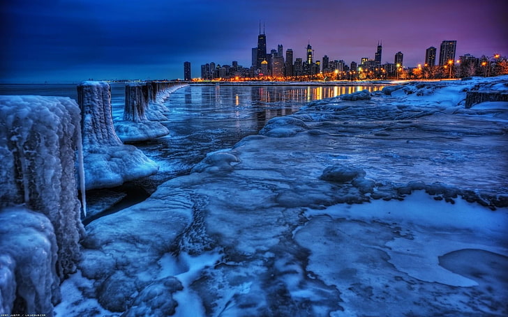 city near body of water illustration, cityscape, landscape, Chicago