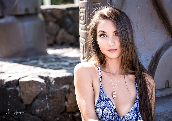 Kristina Chai, model, brunette, brown eyes, dress, necklace, HD wallpaper