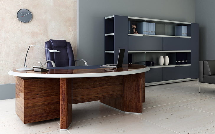 brown wooden office desk, room, chair, shelves, modern, furniture