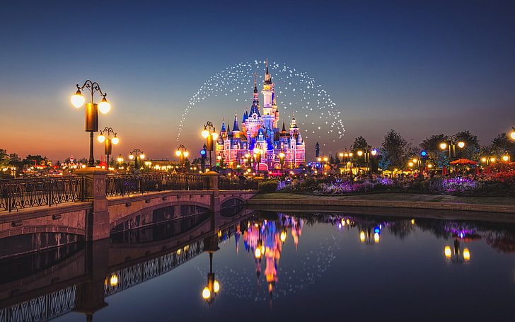 China Shanghai Disneyland Castle Night, illuminated, built structure, HD wallpaper