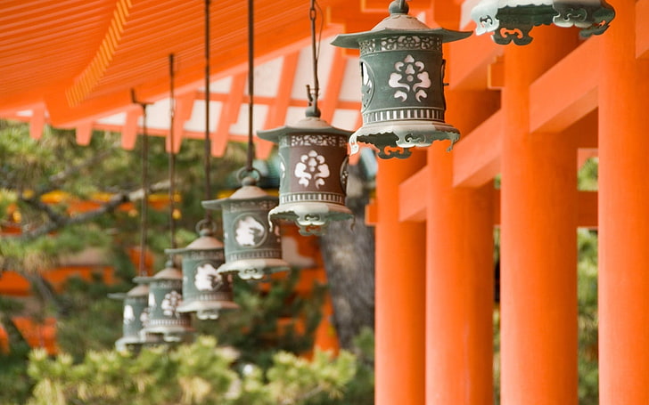 gray-and-white lanterns, Japan, Asian architecture, religion