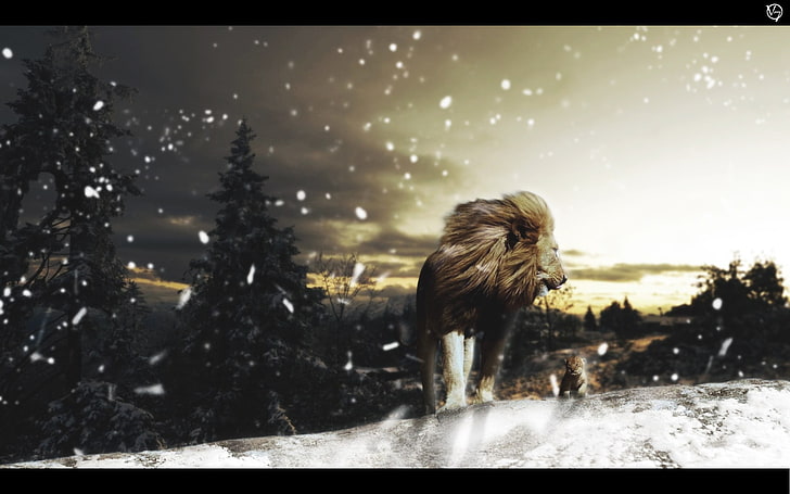 lion on snow, animals, landscape, photo manipulation, trees, Photoshop, HD wallpaper
