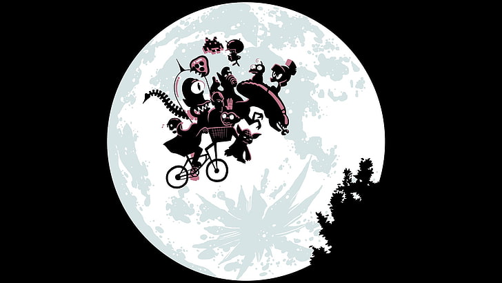 silhouette of persons under moon, cartoon, Xenomorph, Metroid