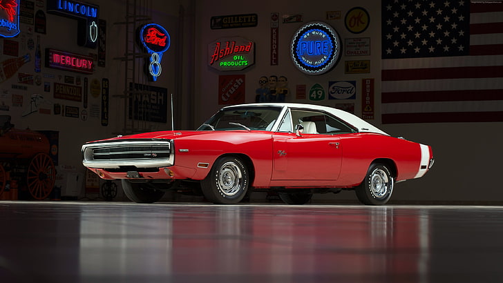 red coupe, car, Dodge Charger, Dodge Charger R/T, muscle cars
