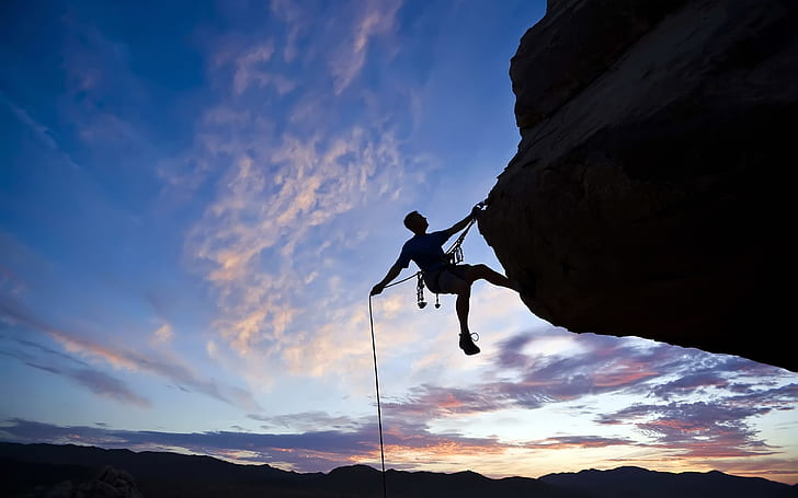 Courage to challenge the climb of the cliff, mountain climbing silhouette, HD wallpaper