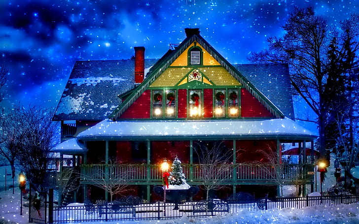 Snow winter, house, New Year, Christmas, lights, trees, evening, blue, red and yellow house, HD wallpaper
