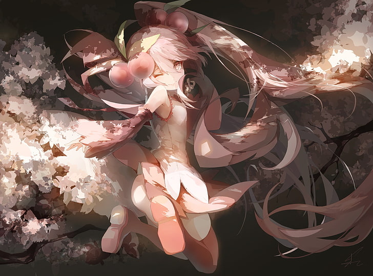 Vocaloid, Hatsune Miku, Sakura Miku, thigh-highs, cherry blossom, HD wallpaper