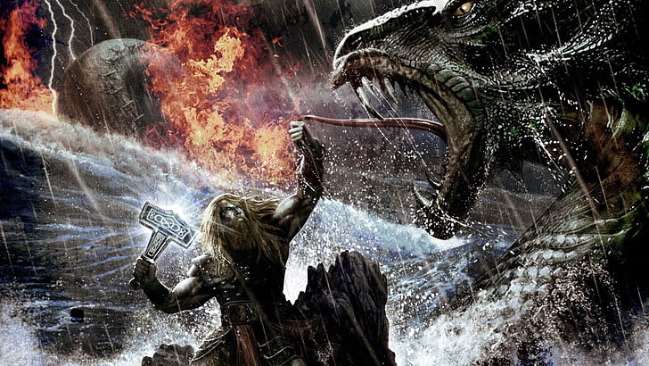 Amon Amarth - Twilight of the Thunder God, man with hammer fighting a hydra wallpaper, HD wallpaper