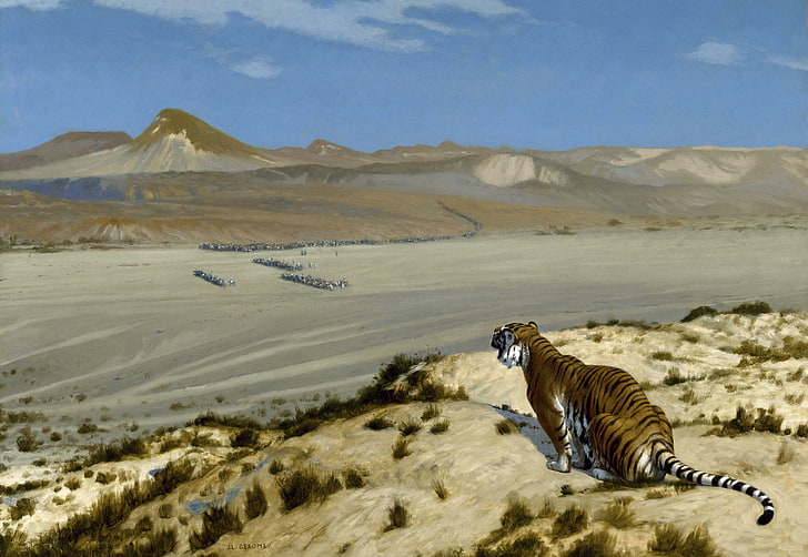cat, landscape, picture, Jean-Leon Gerome, Alert Tiger