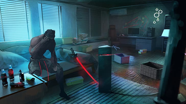 HD wallpaper: Cyberpunk 2077, Dark Cyberpunk, katana, game art, room |  Wallpaper Flare