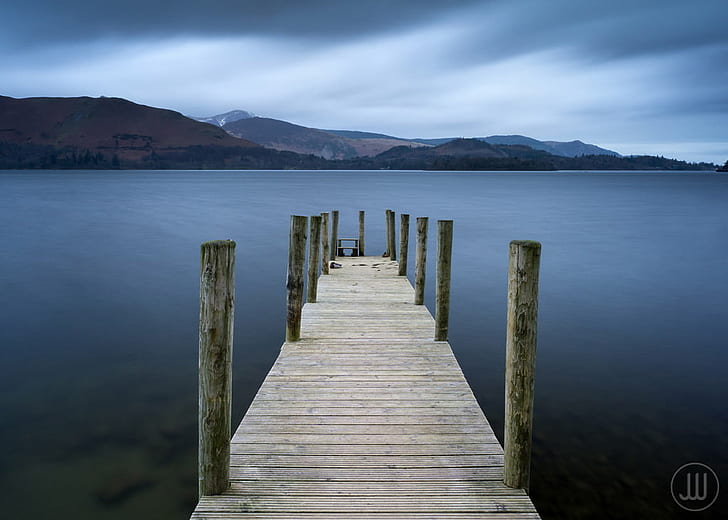 brown wooden dock, Jetty, Lake District, Cumbria, Derwent Water