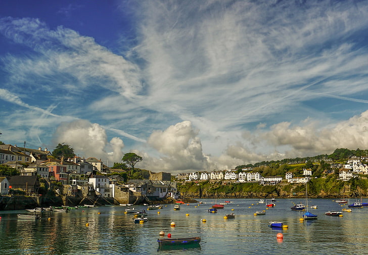 England, home, boats, harbour, Cornwall, Fowey, HD wallpaper