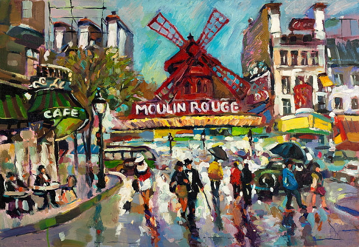 people in front of windmill painting, the city, rain, France