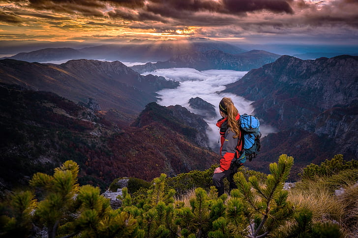 women, mountains, model, sunrise, mountain pass, hiking, mist, HD wallpaper