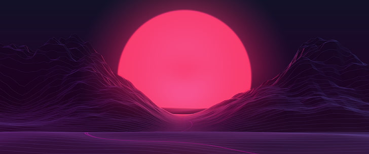 full moon walllpaper, sunset, neon, mountains, pink color, technology