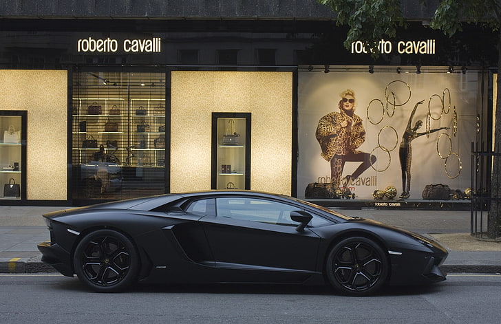 black sport coupe, street, profile, aventador, Lamborghini, shop, HD wallpaper