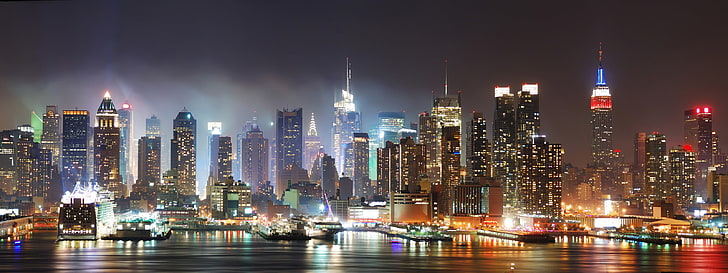 cityscape, New York City, Manhattan, night, city lights, building exterior