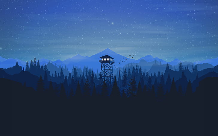 black metal tower, Firewatch, mountain, forest, night, nature, HD wallpaper