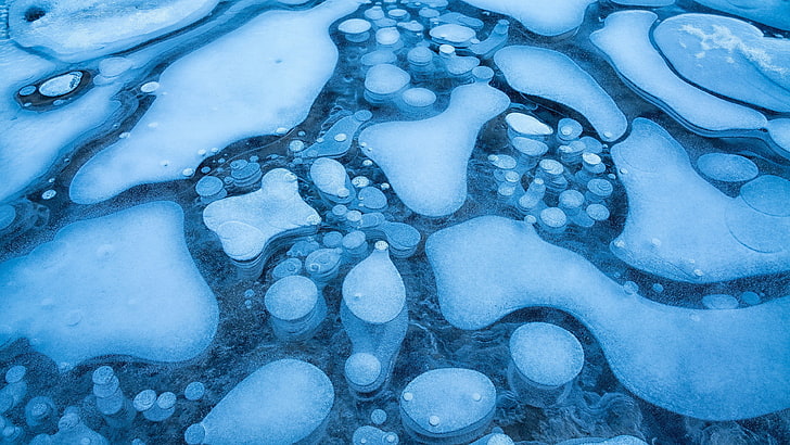blue ice digital wallpaper, lake, nature, bubbles, full frame