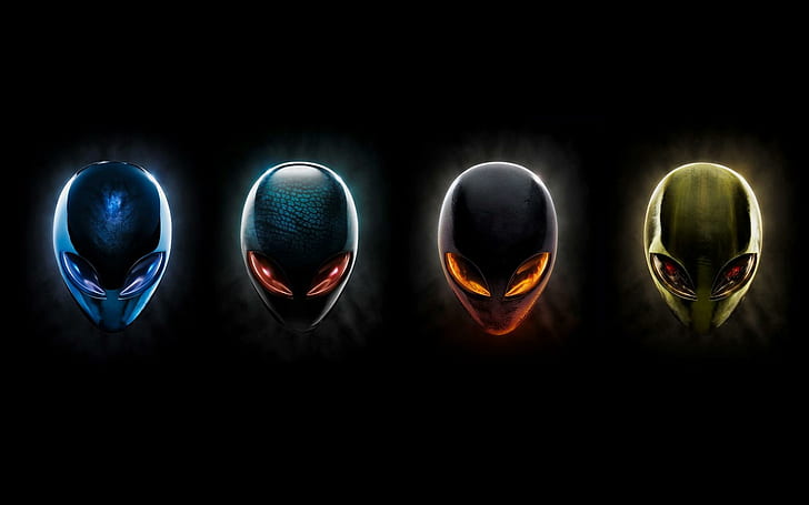 Alien Heads, 4 alienware logos, blues, greens, reds, yellows