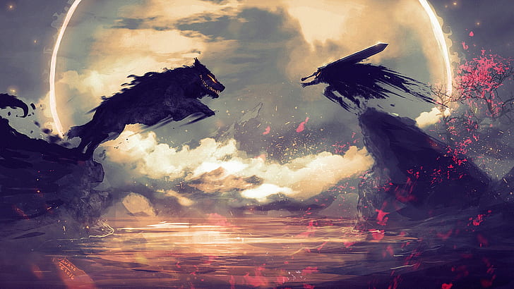 warrior fighting a dark wolf illustration, Berserk, demon, backgrounds