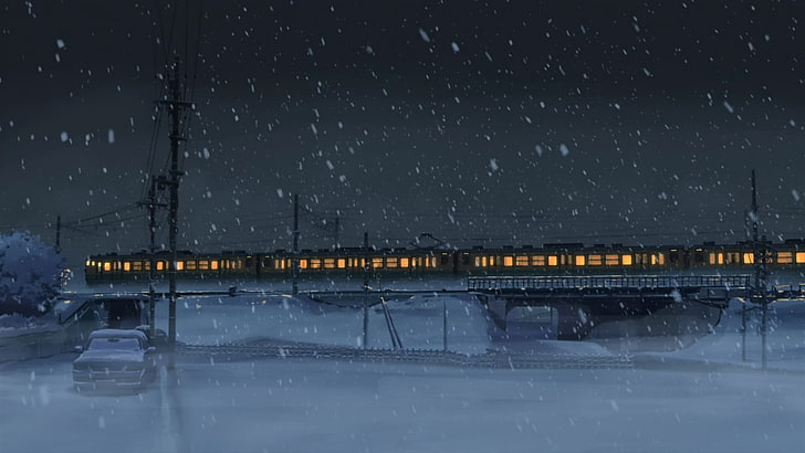 black train, digital art, anime, night, power lines, snow, winter