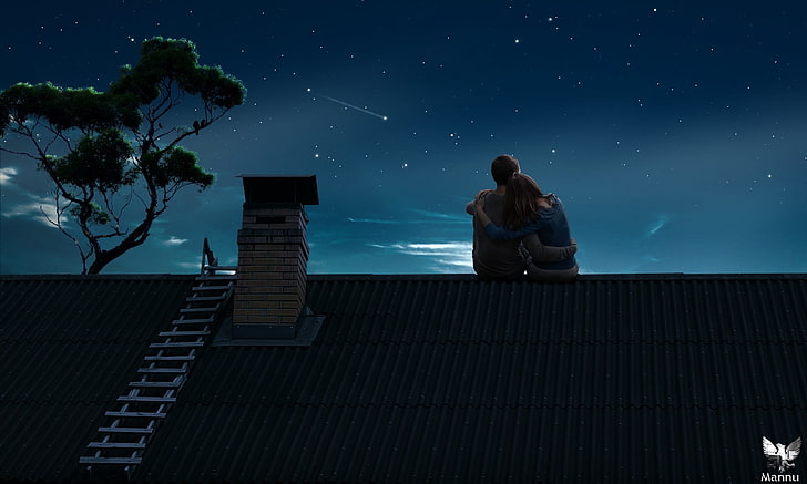 couple on house roof during nighttime illustration, drawing, rooftops, HD wallpaper