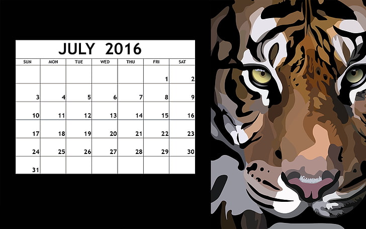 Tiger Vector-July 2016 Calendar Wallpaper, no people, pattern, HD wallpaper