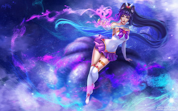 elbow gloves, fox girl, thigh-highs, Star Guardian, ponytail