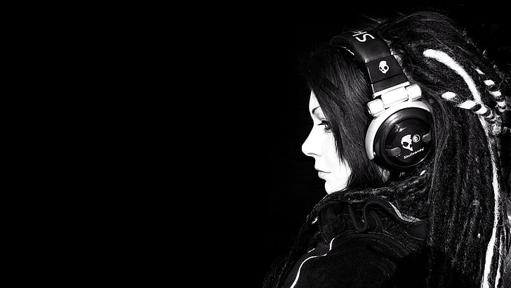 headphones women music headphones girl monochrome black background 1920x1080  Entertainment Music HD Art