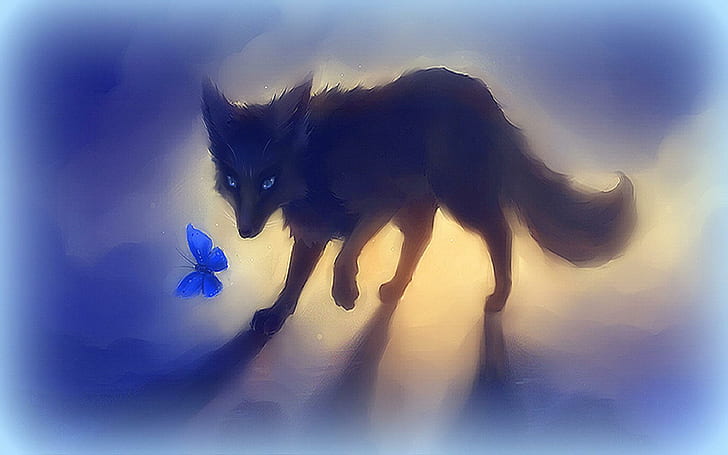 black fox with butterfly, lovely, cool, paintings, creative-pre--made