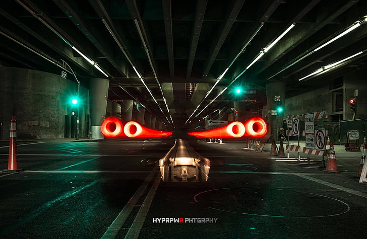 time lapse photography of red lights at garage, Nissan Skyline