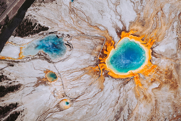 grand prismatic spring, surface, scenic, wyoming, united states, HD wallpaper