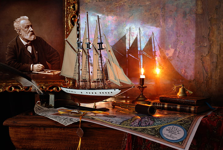 ship, books, candle, sailboat, picture, Jules Verne
