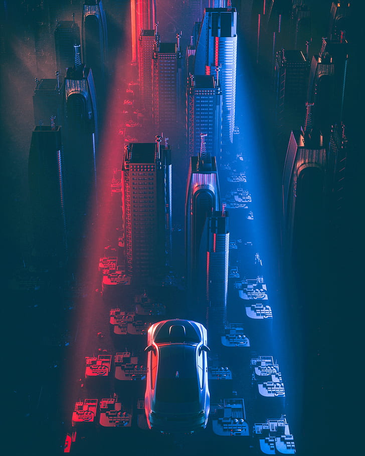 city, car, flight, skyscrapers, futurism, cyberpunk, sci-fi