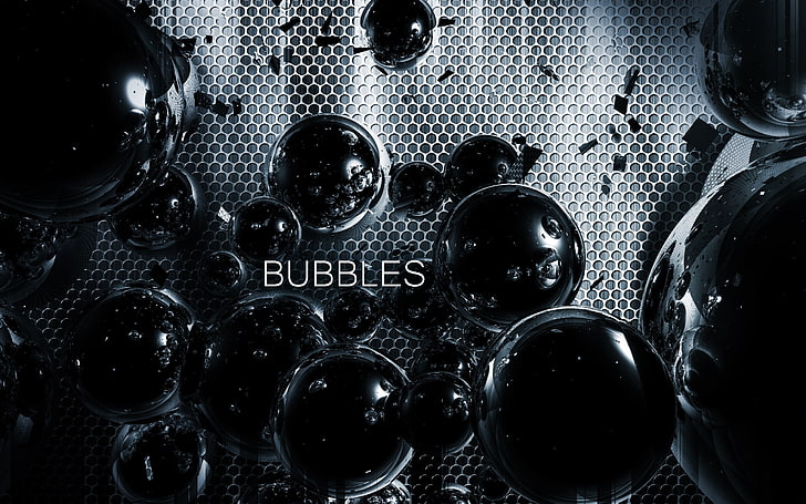 black bubbles with text overlay, grid, metal, sphere, abstract