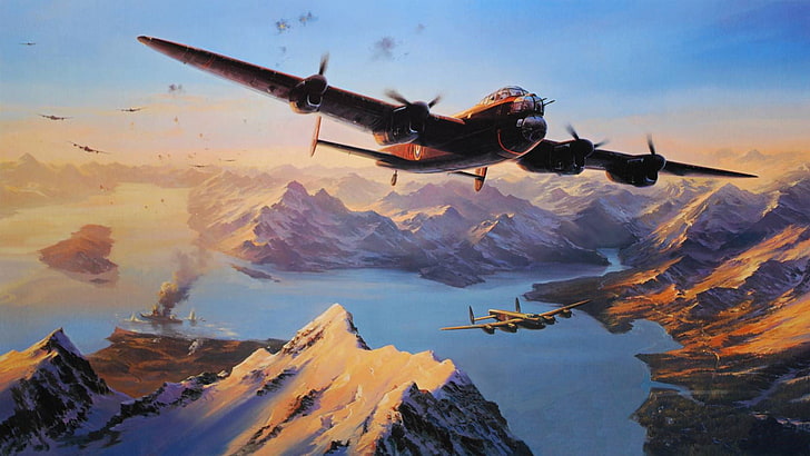 red and black aircraft wallpaper, mountains, smoke, figure, ship, HD wallpaper