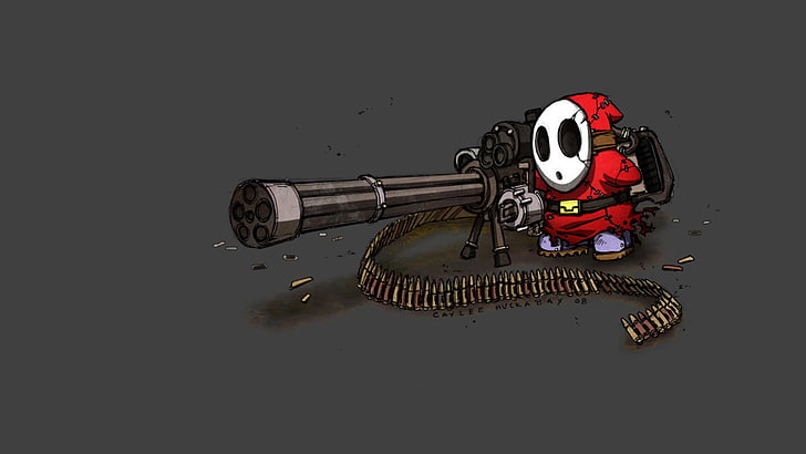 Shy Guy, ammunition, minigun, Super Mario, artwork, simple background, HD wallpaper