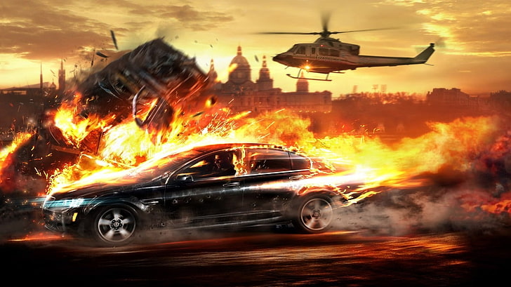 car, fire, explosion, mode of transportation, motion, motor vehicle
