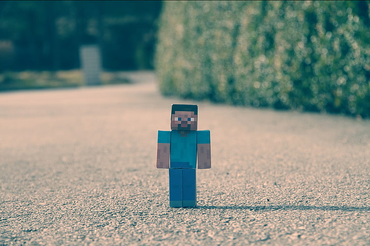 Minecraft character, man in teal top and blue pants cardboard figure on road