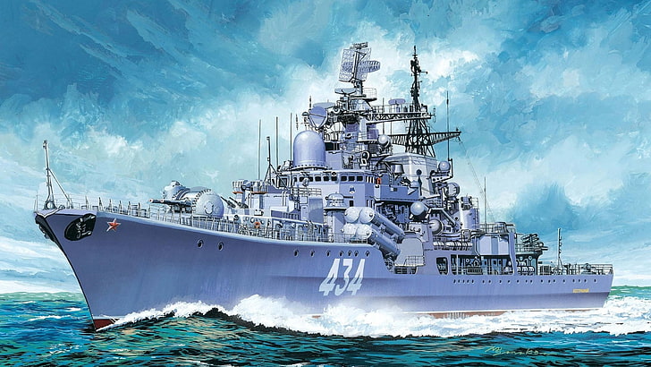 purple battleship painting, army, artwork, Sovremennyy-class destroyer, HD wallpaper