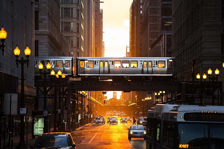 city, street, USA, street light, metro, urban, Chicago, sunlight, HD wallpaper