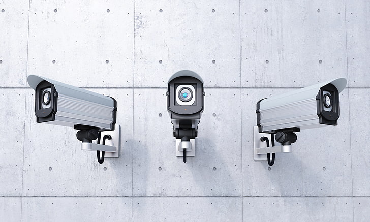 four white security cameras, wall, control, technology, wall - building feature, HD wallpaper