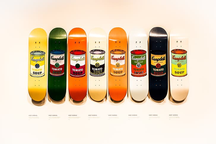 soup, skateboard, Andy Warhol, HD wallpaper