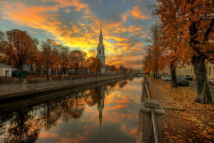 St. Petersburg, autumn, the golden hour, clouds, reflection, HD wallpaper