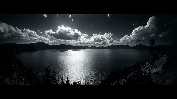 Moonlit mountain lake, white clouds, nature, 1920x1080, night